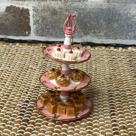 Three Tier Dessert Stand Christmas Tree Ornament Bakery, Miniature Pink & Gold - Picture 8 of 11